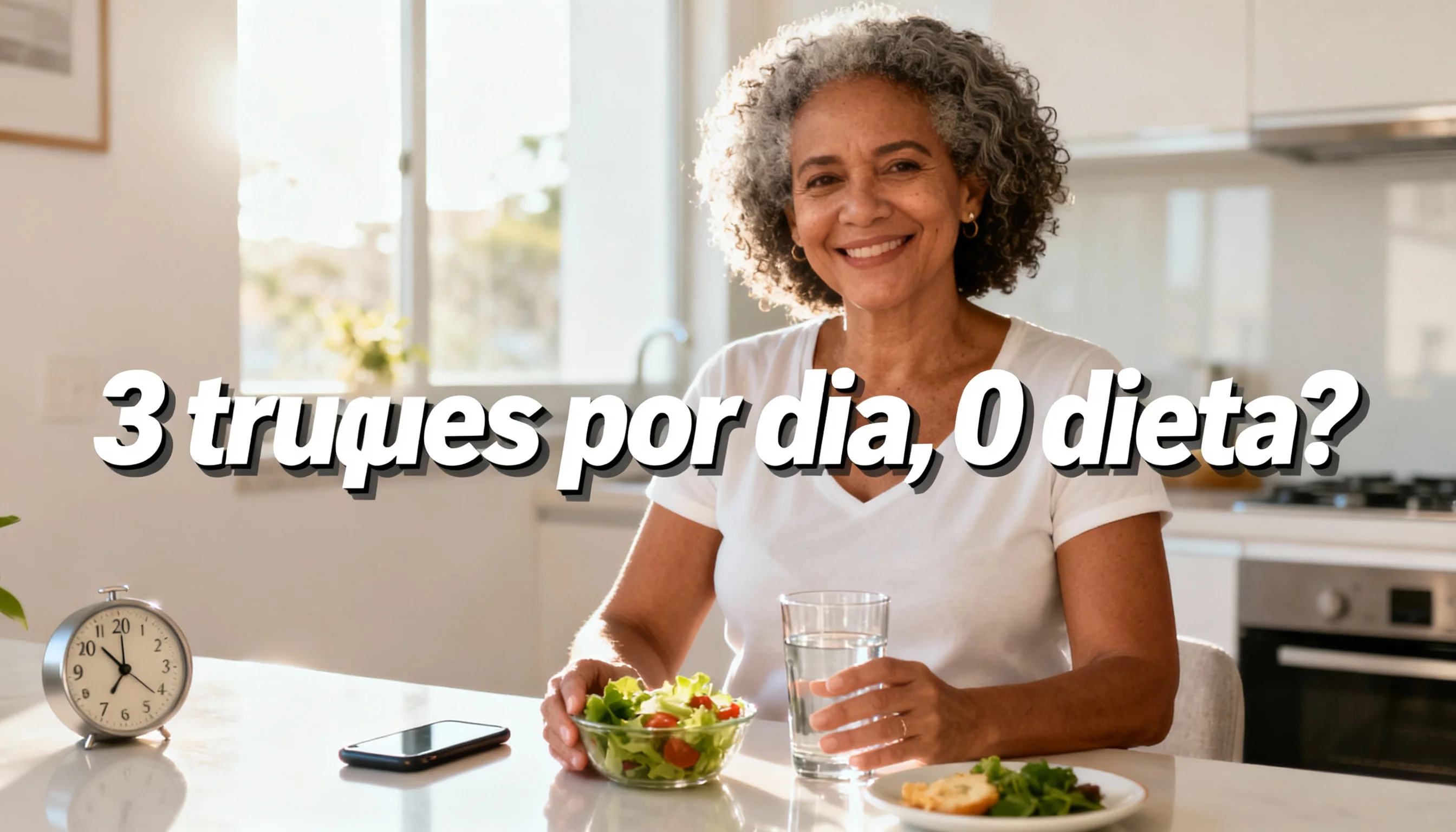 Mulher na cozinha com copo de água, prato menor e relógio