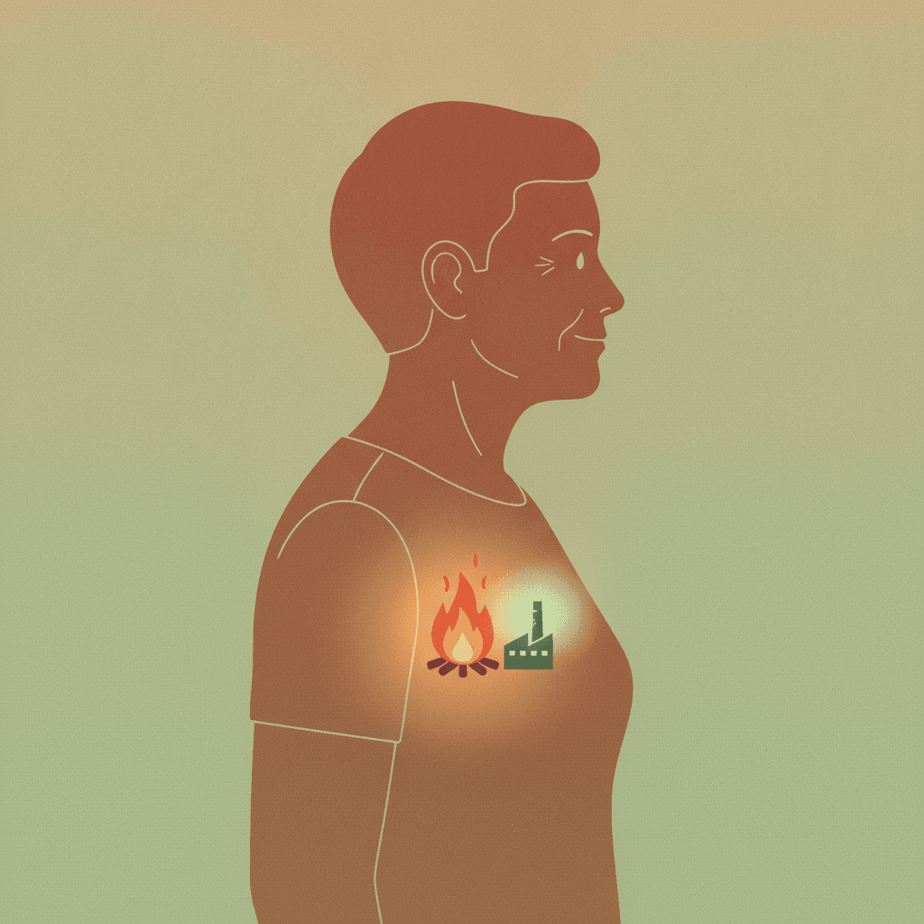 Silhueta de pessoa com uma brasa acesa no peito ao lado de uma pequena usina com luz fraca, representando a inflamação que rouba energia