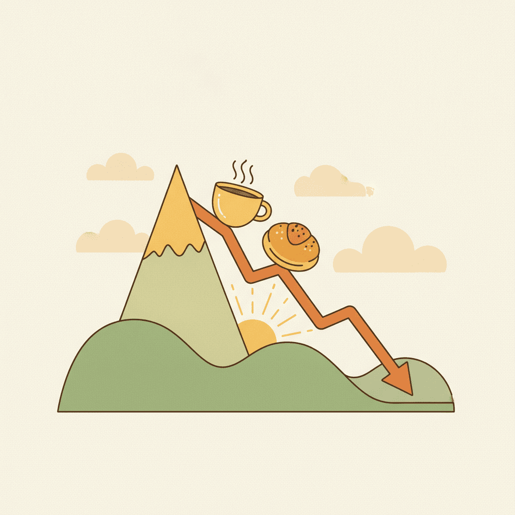 Xícara de café e pão sobre uma curva em forma de montanha-russa que sobe e despenca, representando o pico e a queda de energia