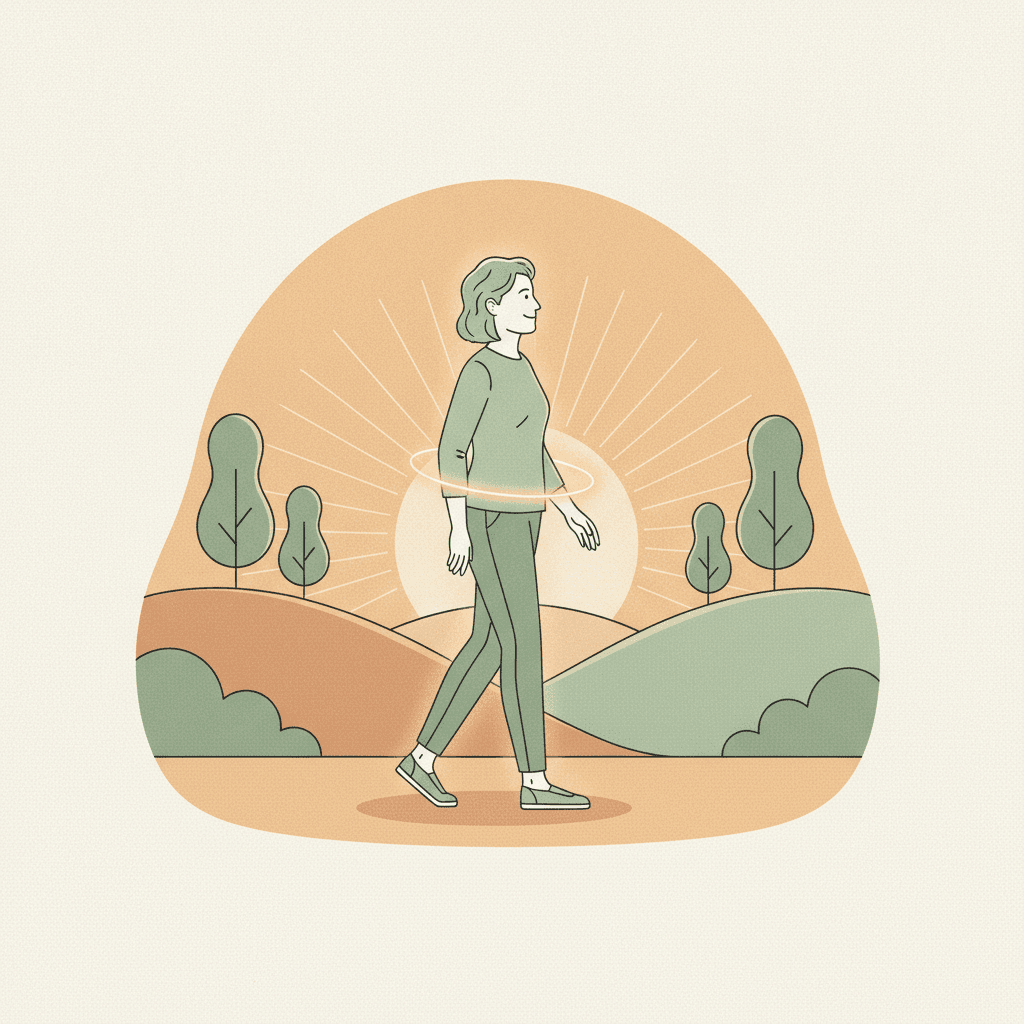 Pessoa de mais de 50 anos caminhando com energia e um brilho suave ao redor do corpo no fim da tarde