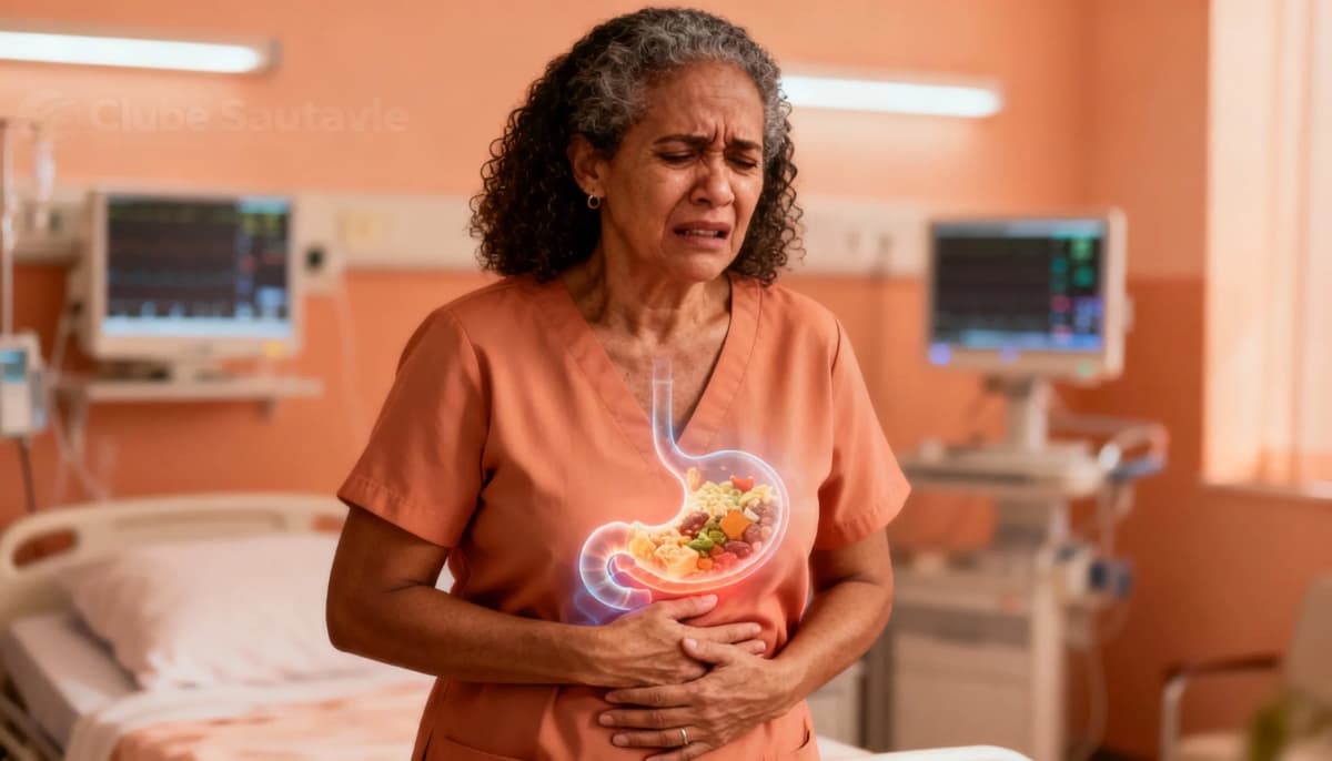 Ilustração de mulher com desconforto abdominal pela digestão travada