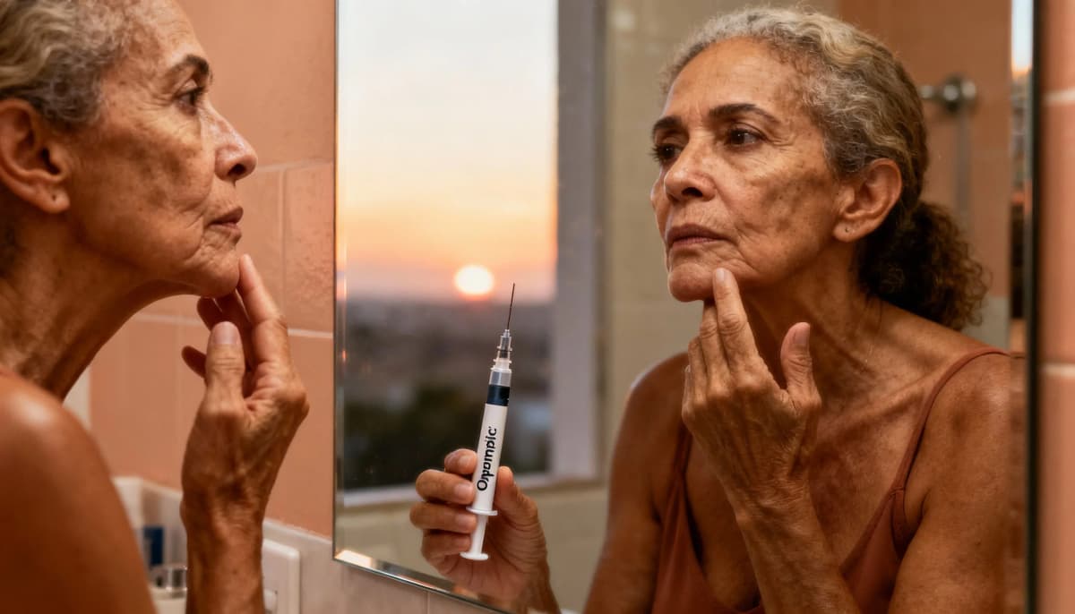 Ilustração de mulher observando o rosto afinado no espelho