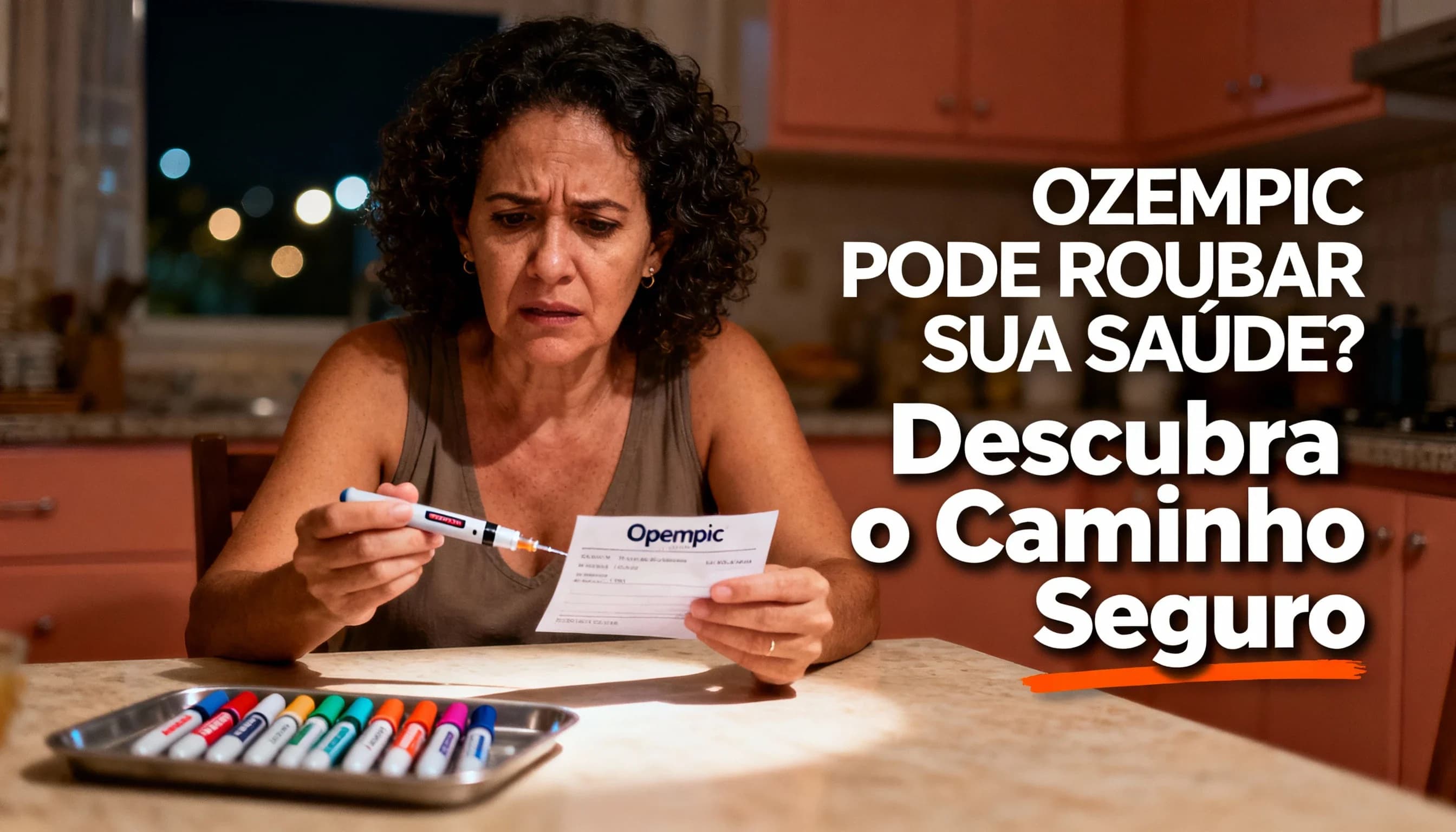 Mulher avaliando canetinhas de emagrecimento na cozinha