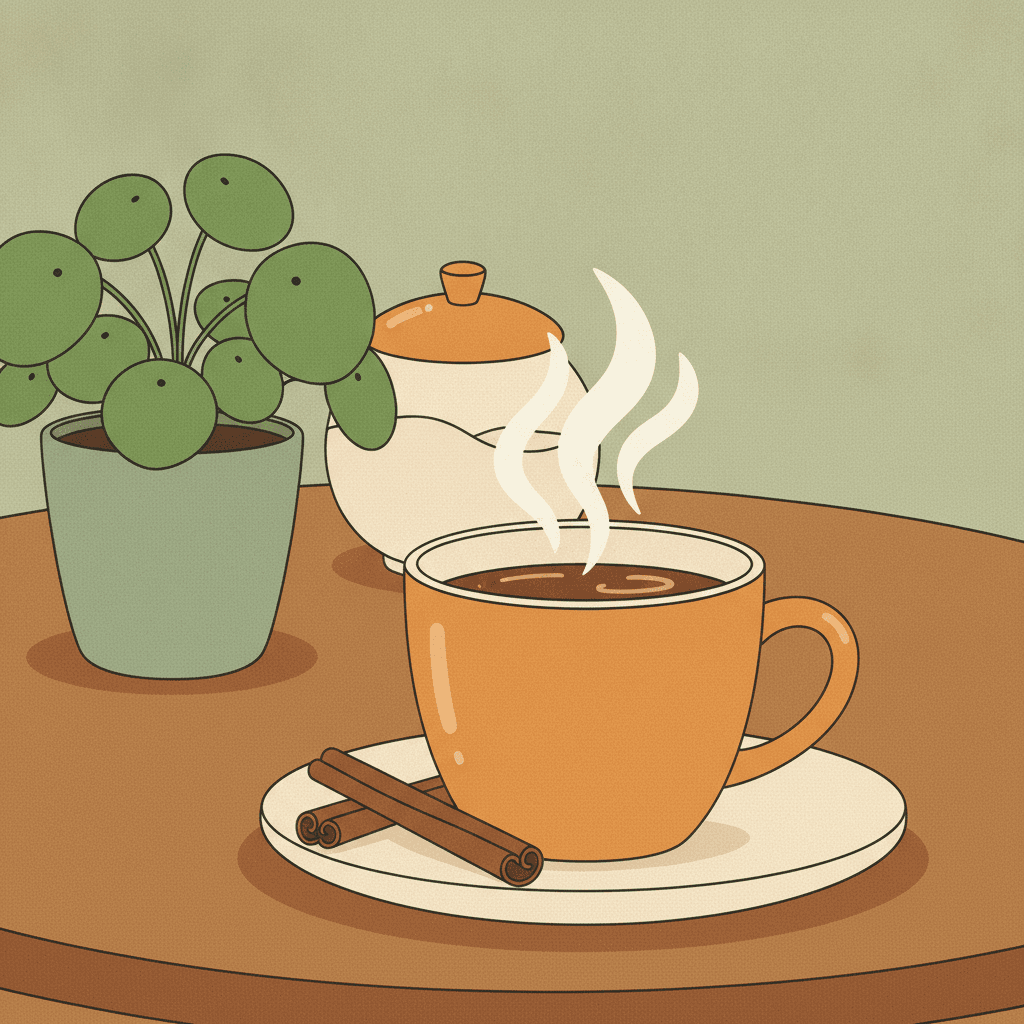 Xícara de café com paus de canela ao lado e açucareiro afastado ao fundo, numa mesa de manhã com uma plantinha.