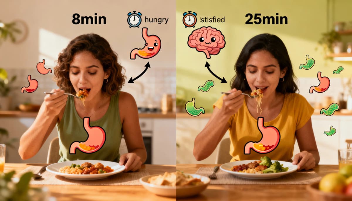 Ilustração comparando comer rápido em poucos minutos versus comer devagar e presente