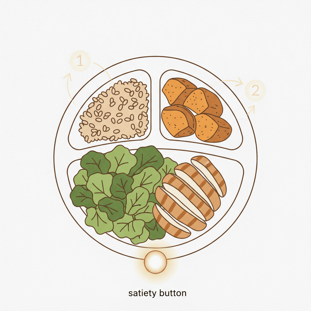 Um prato mostrando salada e proteína comidas antes do arroz, com a ordem acendendo mais forte o botão da saciedade