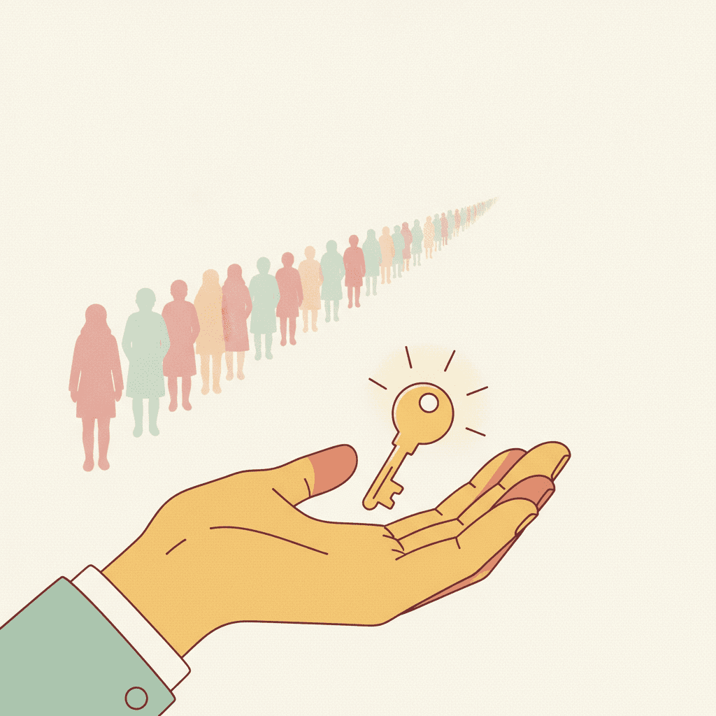 Uma mão aberta segurando uma chave luminosa em forma de interruptor, com uma fila distante ao fundo