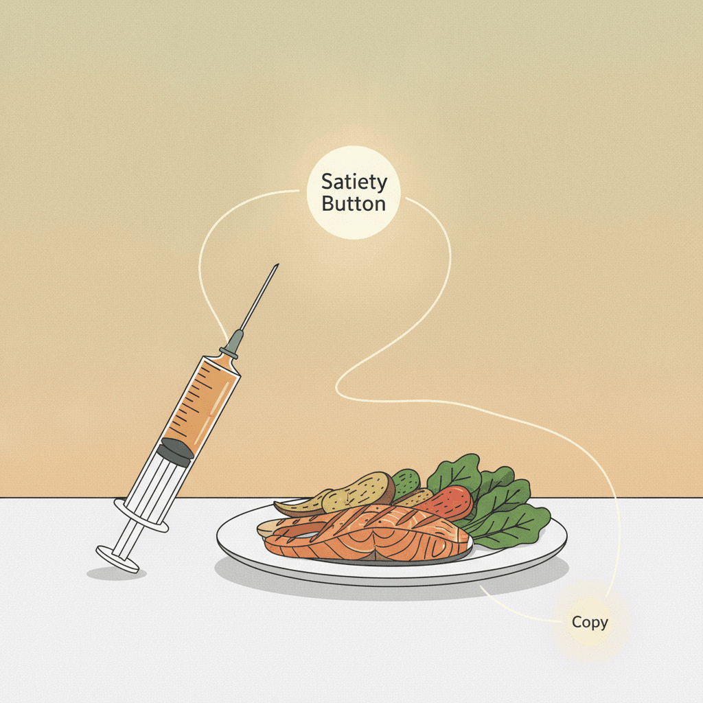 Uma seringa e um prato de comida ligados ao mesmo botão de saciedade luminoso, mostrando que copiam o mesmo interruptor do corpo
