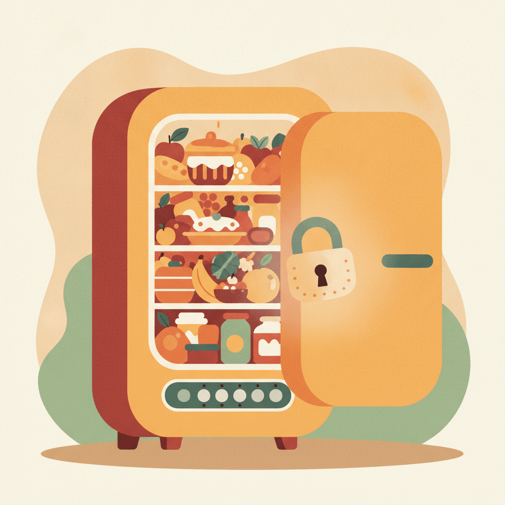 Uma geladeira velha no modo econômico com um cadeado sobre botões apagados, representando o metabolismo travado em modo acumulador