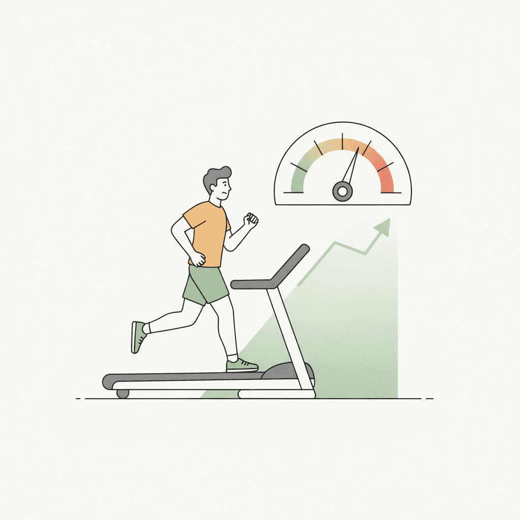 Uma pessoa exausta correndo sem fim numa esteira com um medidor de estresse subindo, mostrando cardio em excesso virando estressor