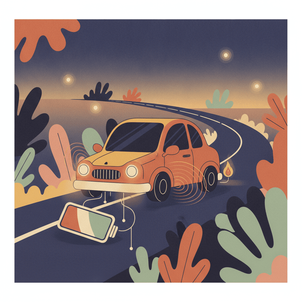 Um carro com o alarme disparando sozinho à noite e a bateria arriando, representando o corpo preso em estado de alarme