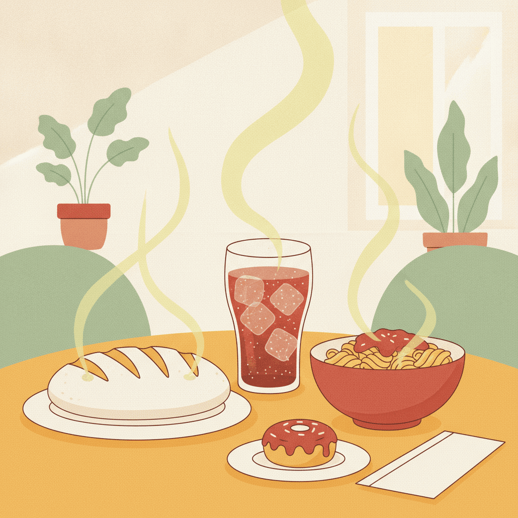 Mesa com pão branco, refrigerante, macarrão e um docinho com fiapos de energia sendo sugados para fora de cada alimento