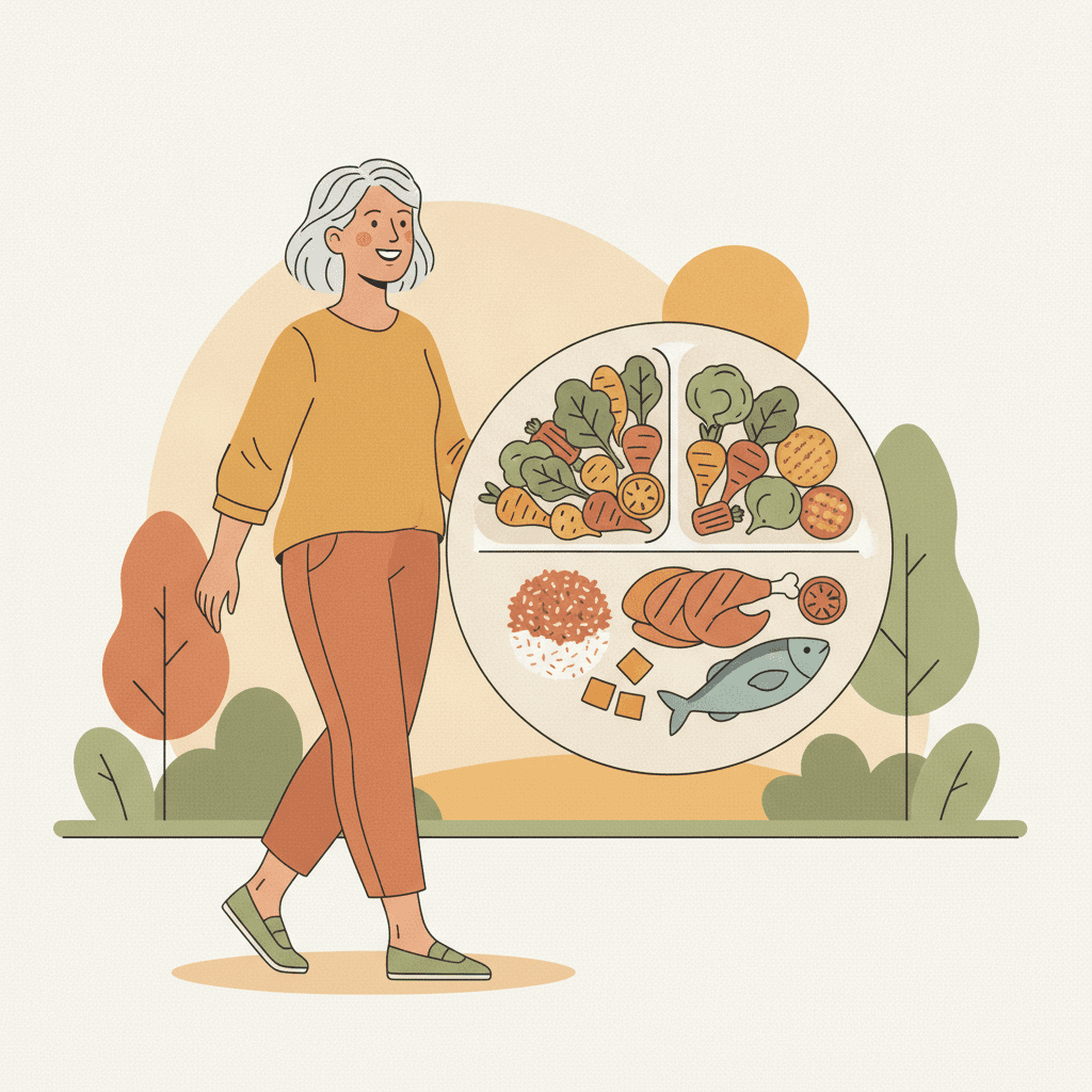 Mulher de mais de 55 anos caminhando disposta na luz da tarde, com um prato reorganizado ao fundo priorizando legumes e proteína