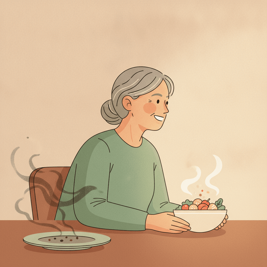Mulher de mais de 55 anos à mesa entre um prato radiante de luz quente e um prato sombrio de onde escapam fiapos de fumaça, representando comida que dá e comida que rouba energia