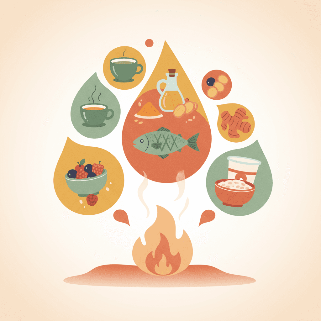 Mesa de alimentos anti-inflamatórios como chá verde, azeite, cúrcuma, peixe e frutas vermelhas apagando um fogo suave