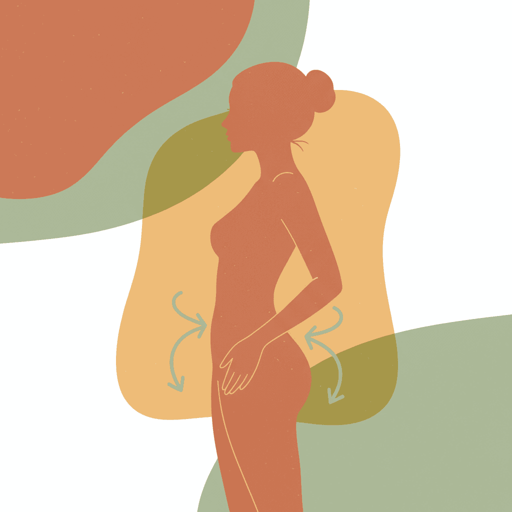 Silhueta feminina com setas indicando a gordura migrando do quadril para o centro da barriga