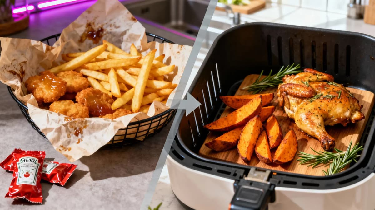 Comparação visual entre frituras e batatas com frango preparados na airfryer
