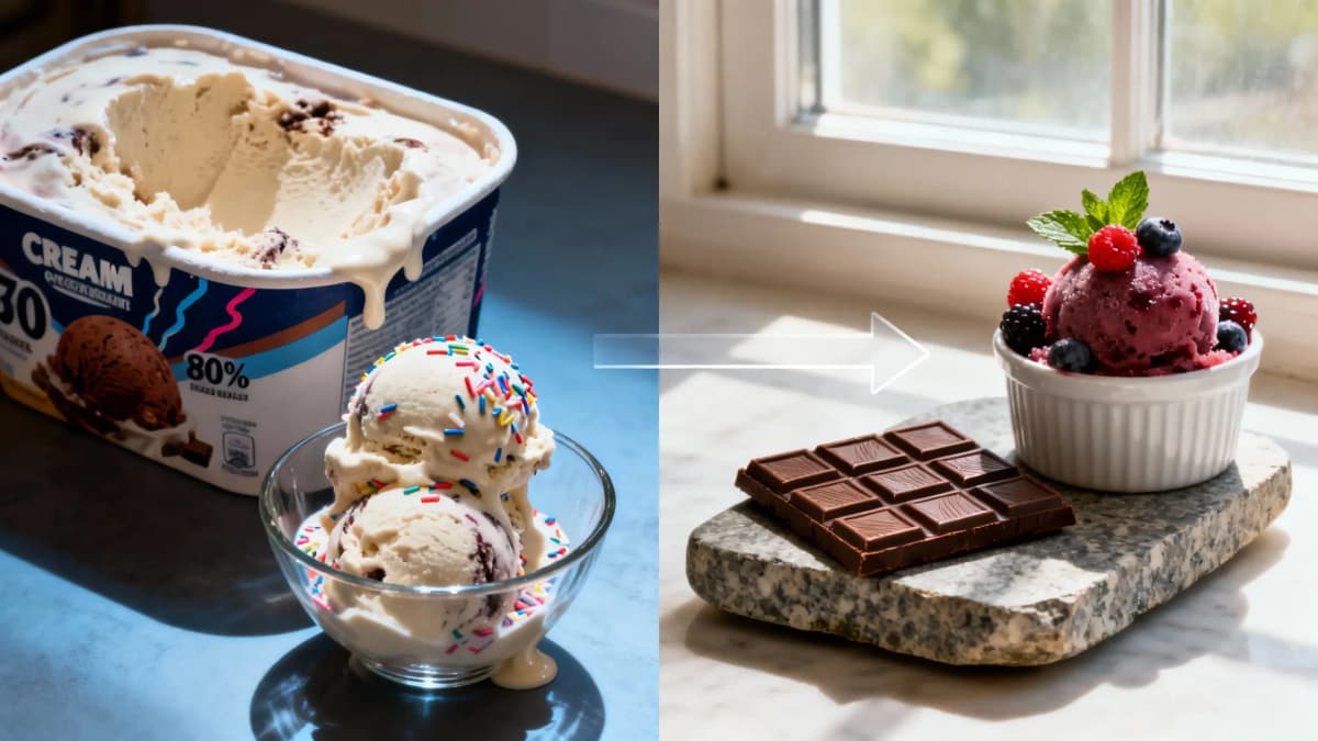 Comparação visual entre sorvete industrializado e chocolate 70% com sorbet de frutas