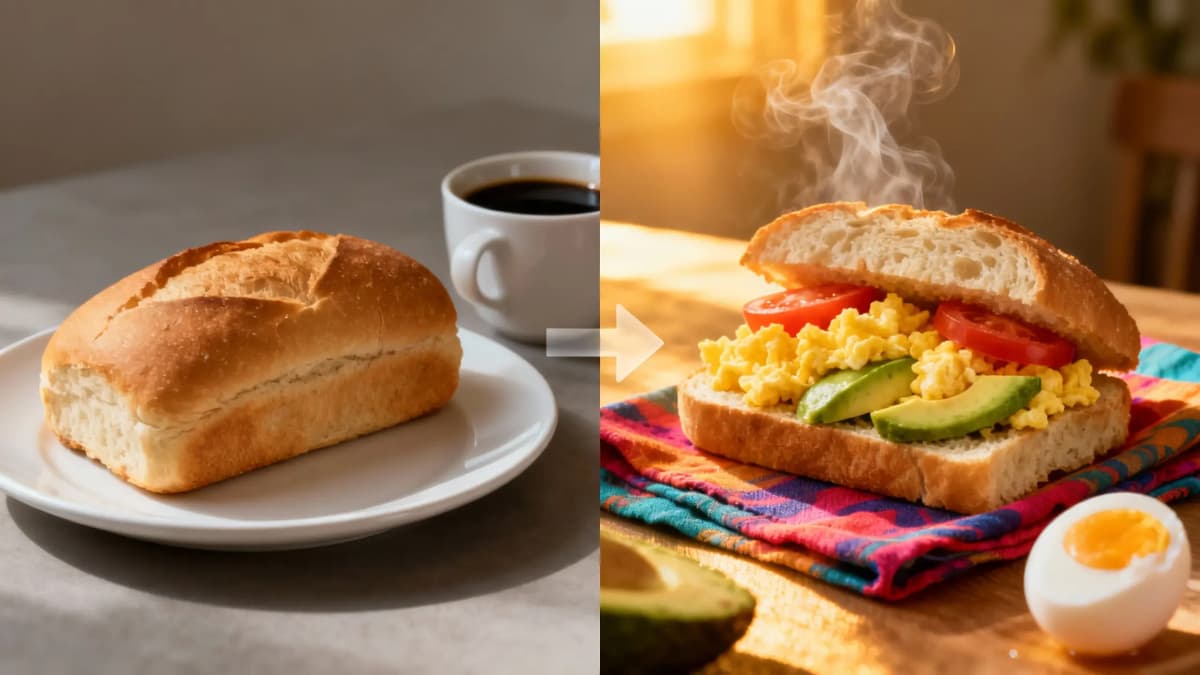 Comparação visual entre pão francês sozinho e pão com ovos mexidos e abacate