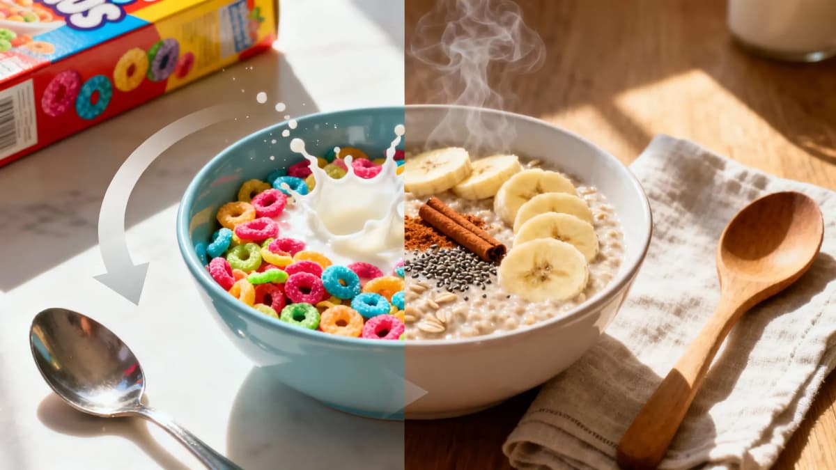 Comparação visual entre cereal matinal colorido e mingau de aveia com banana e canela