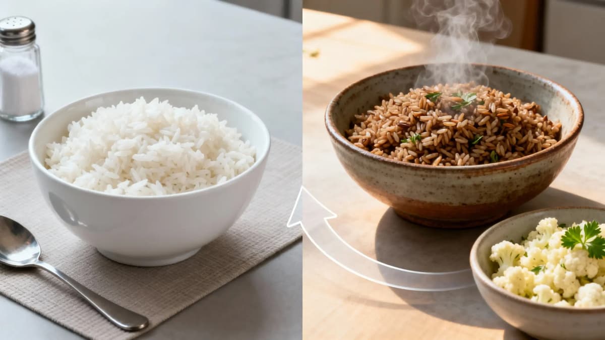 Comparação visual entre arroz branco e opções integrais com couve-flor refogada