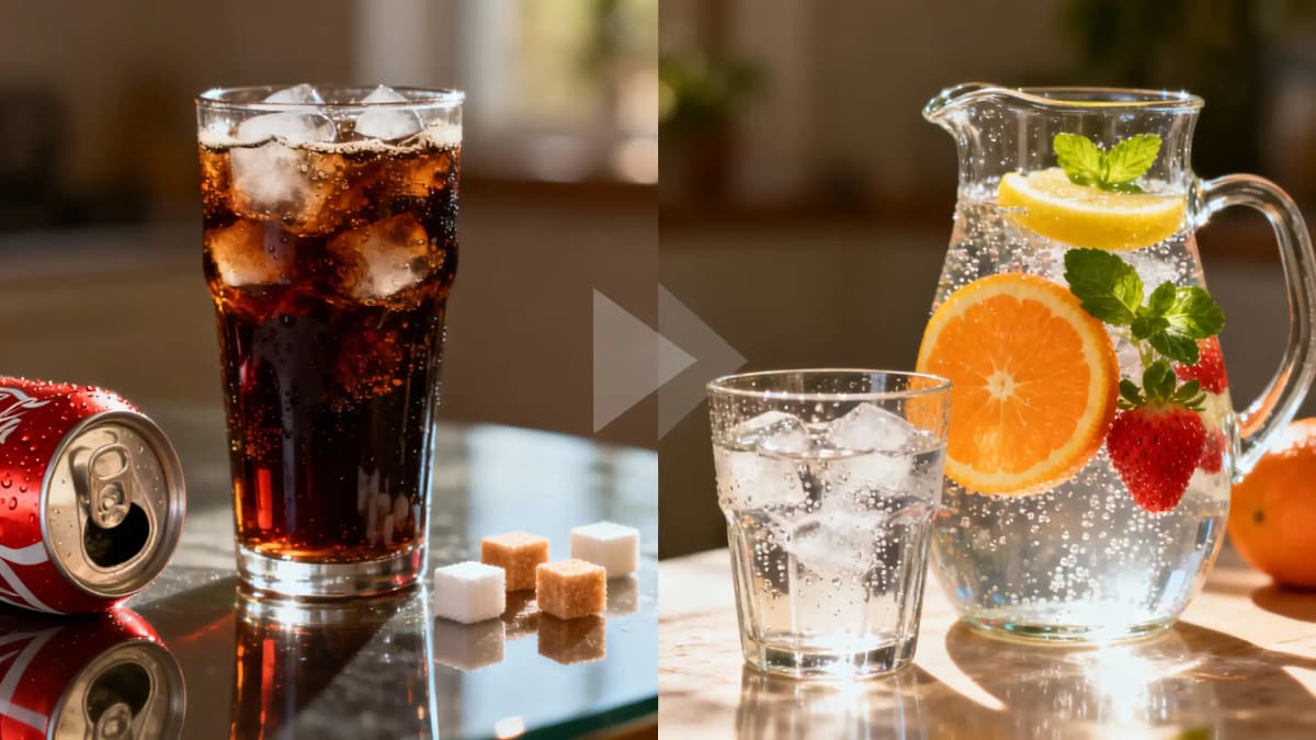 Comparação visual entre uma lata de refrigerante e uma água saborizada naturalmente com frutas