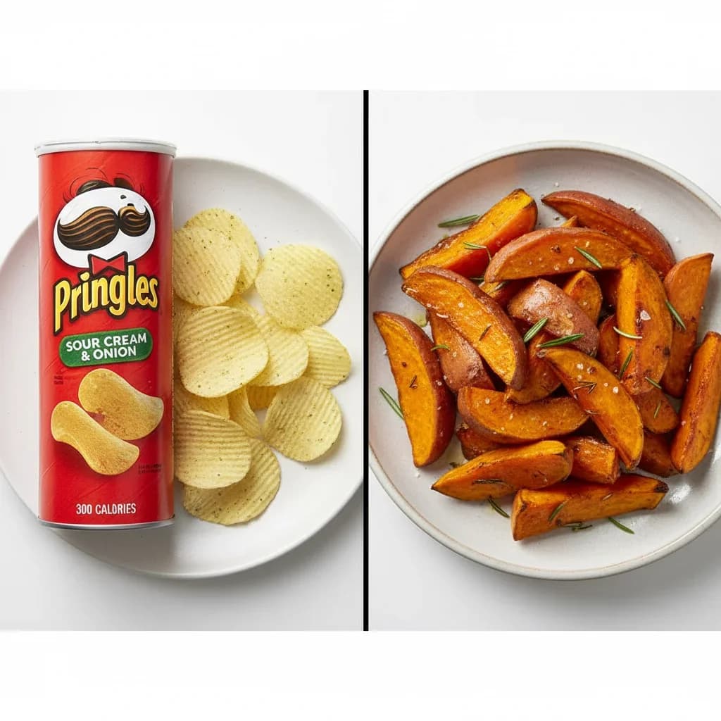 Comparação visual entre trezentas calorias de salgadinho e trezentas calorias de comida de verdade