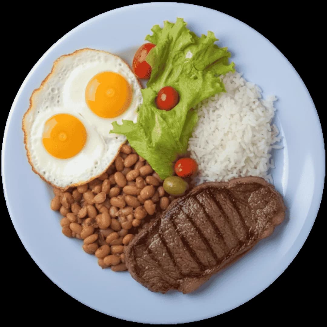 Prato colorido de comida de verdade com arroz, feijão e ovo