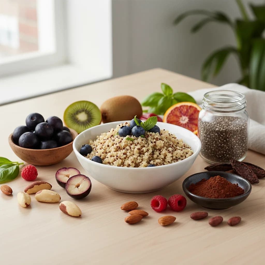 Variedade de alimentos coloridos ricos em nutrientes
