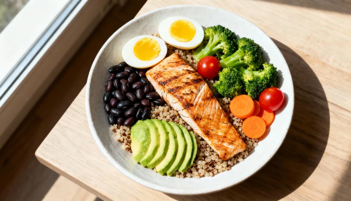 Prato rico em proteína e legumes — peixe, ovos, quinoa e vegetais