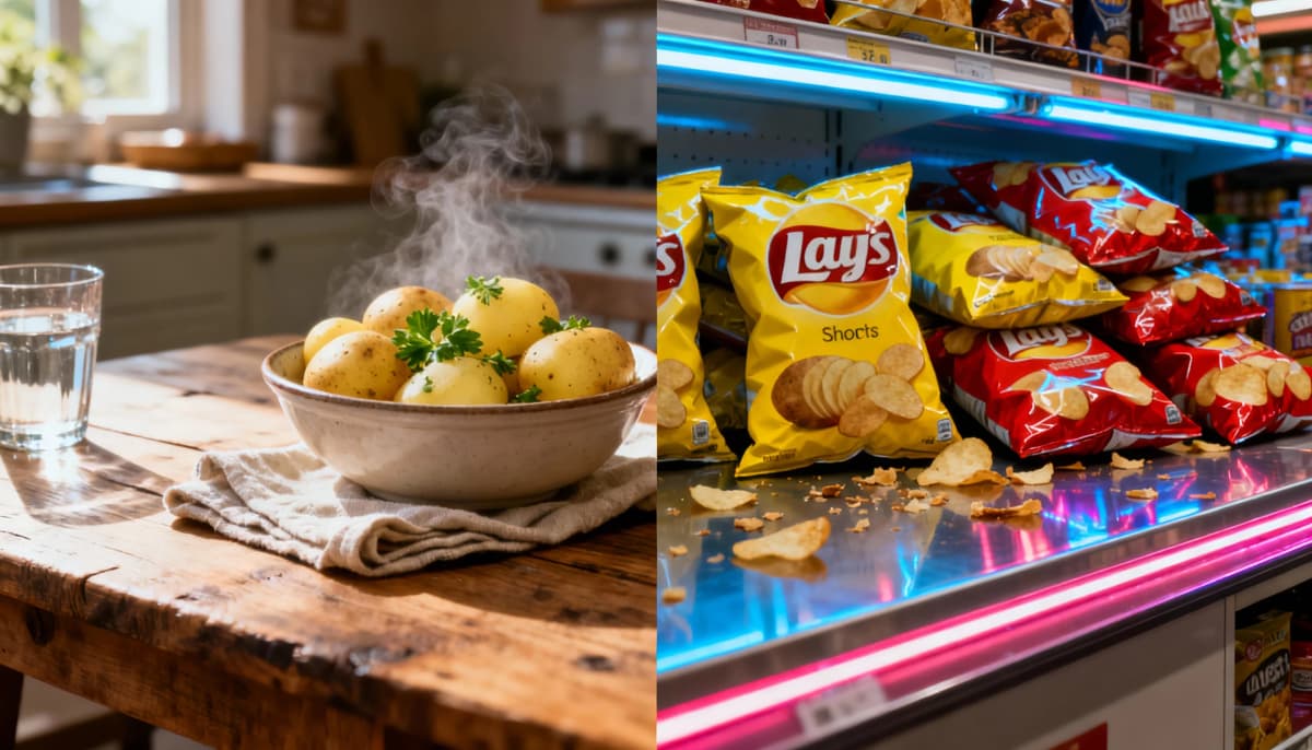 Comparação visual entre uma porção de batata cozida e um pacote de salgadinho sabor batata