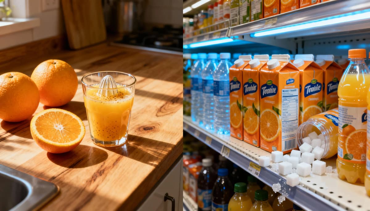 Comparação visual entre uma laranja inteira e uma caixinha de suco processado