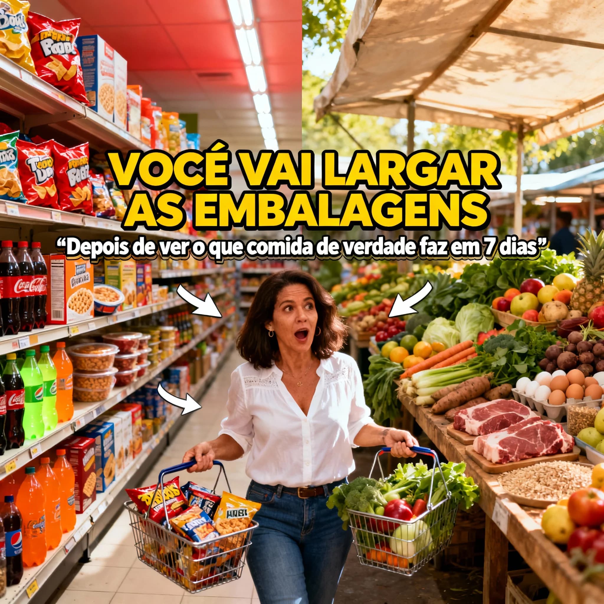Comparação visual entre comida de verdade e ultraprocessados