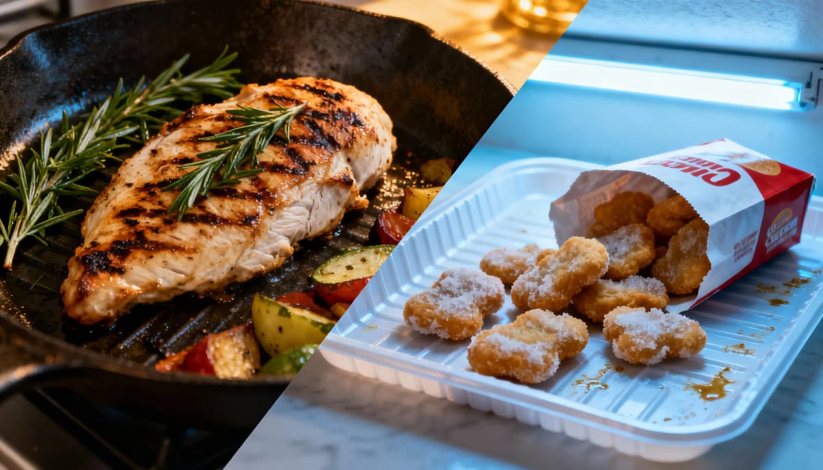 Comparação visual entre um filé de frango grelhado e nuggets industrializados