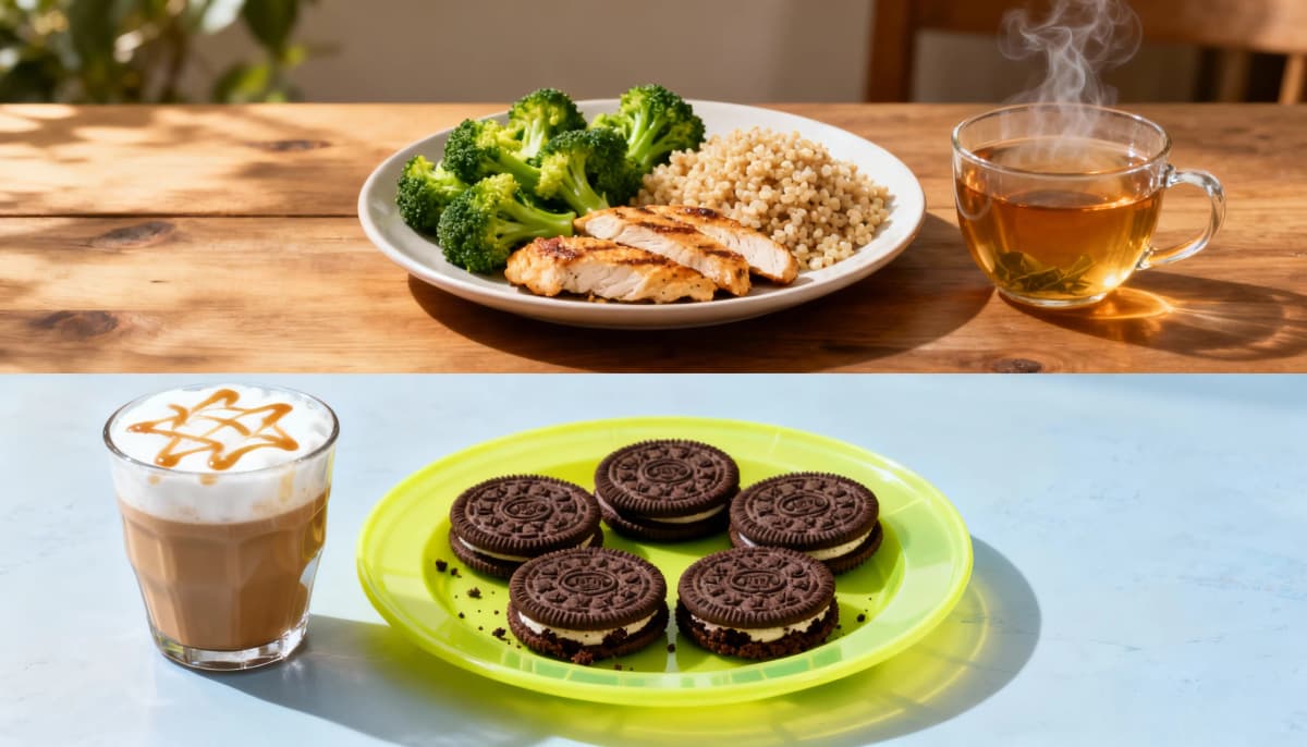 Comparação visual entre 300 calorias de comida de verdade e 300 calorias de biscoito recheado
