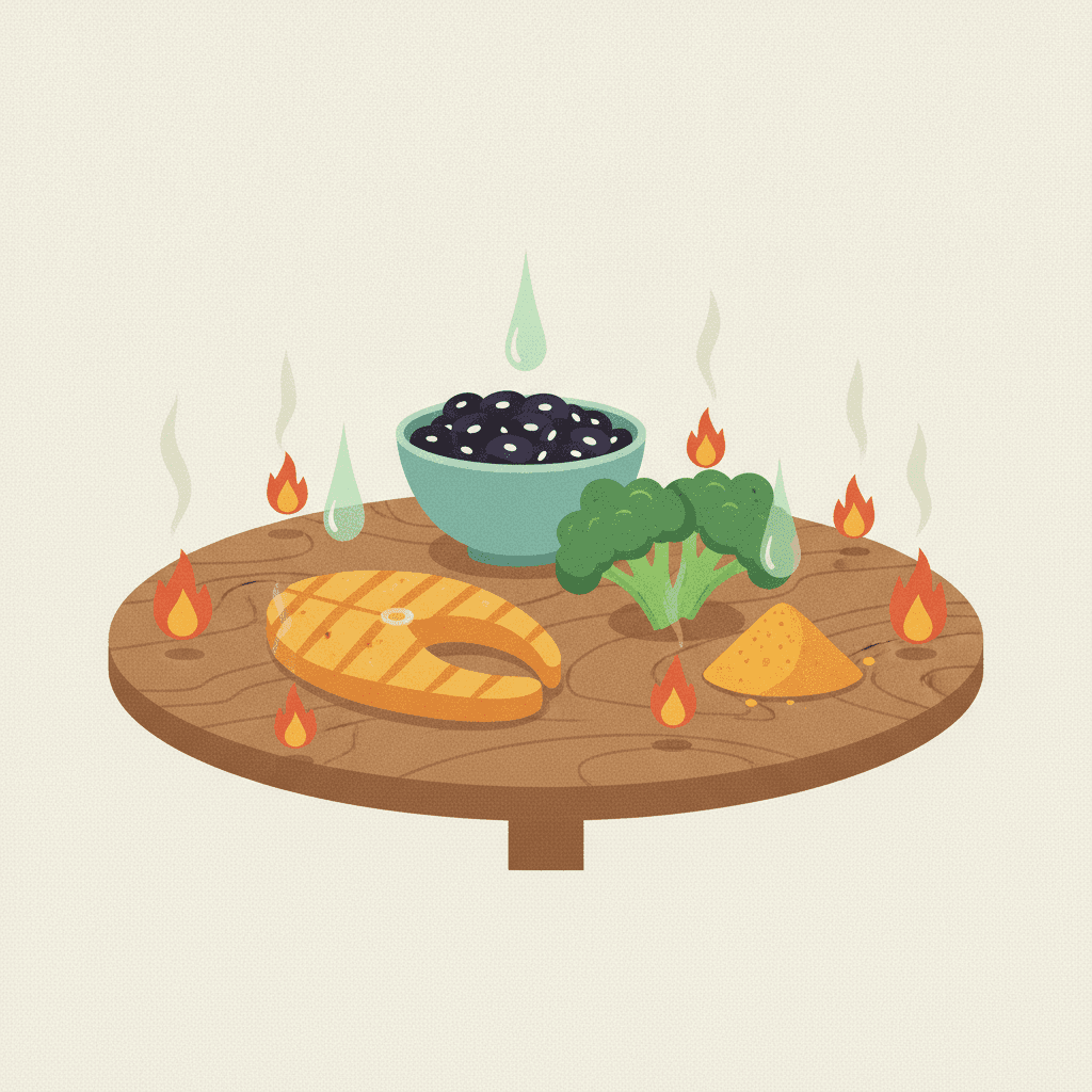 Mesa com peixe, feijão, brócolis e cúrcuma apagando pequenas chamas ao redor com gotas de água e brilho verde