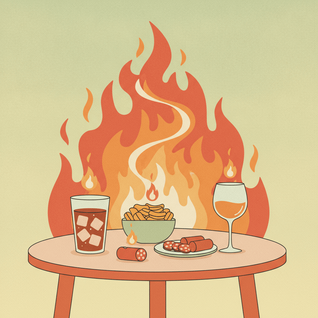 Mesa com refrigerante, frituras, embutidos e bebida alcoólica soltando pequenas chamas para cima