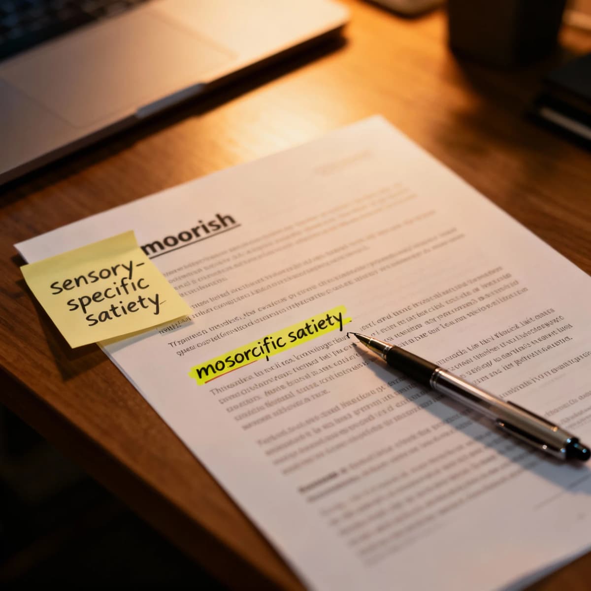 Memorando corporativo com trechos destacados sobre "moreish" e saciedade sensorial específica