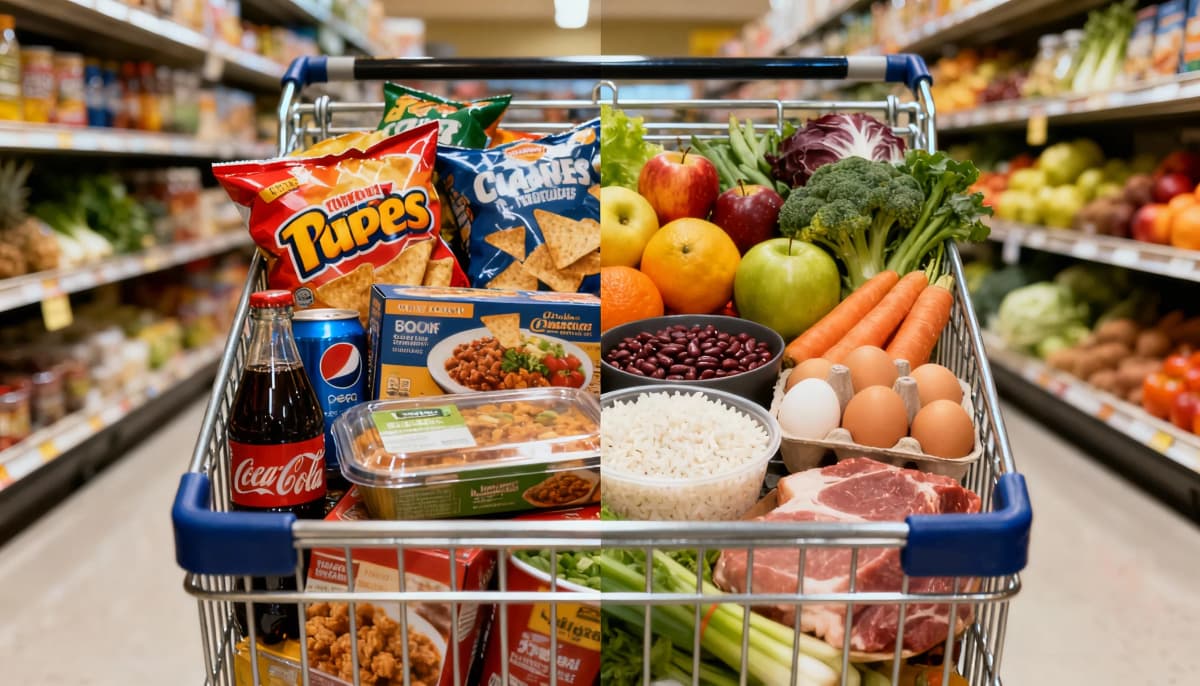 Carrinho de supermercado dividido entre ultraprocessados de um lado e comida de verdade do outro