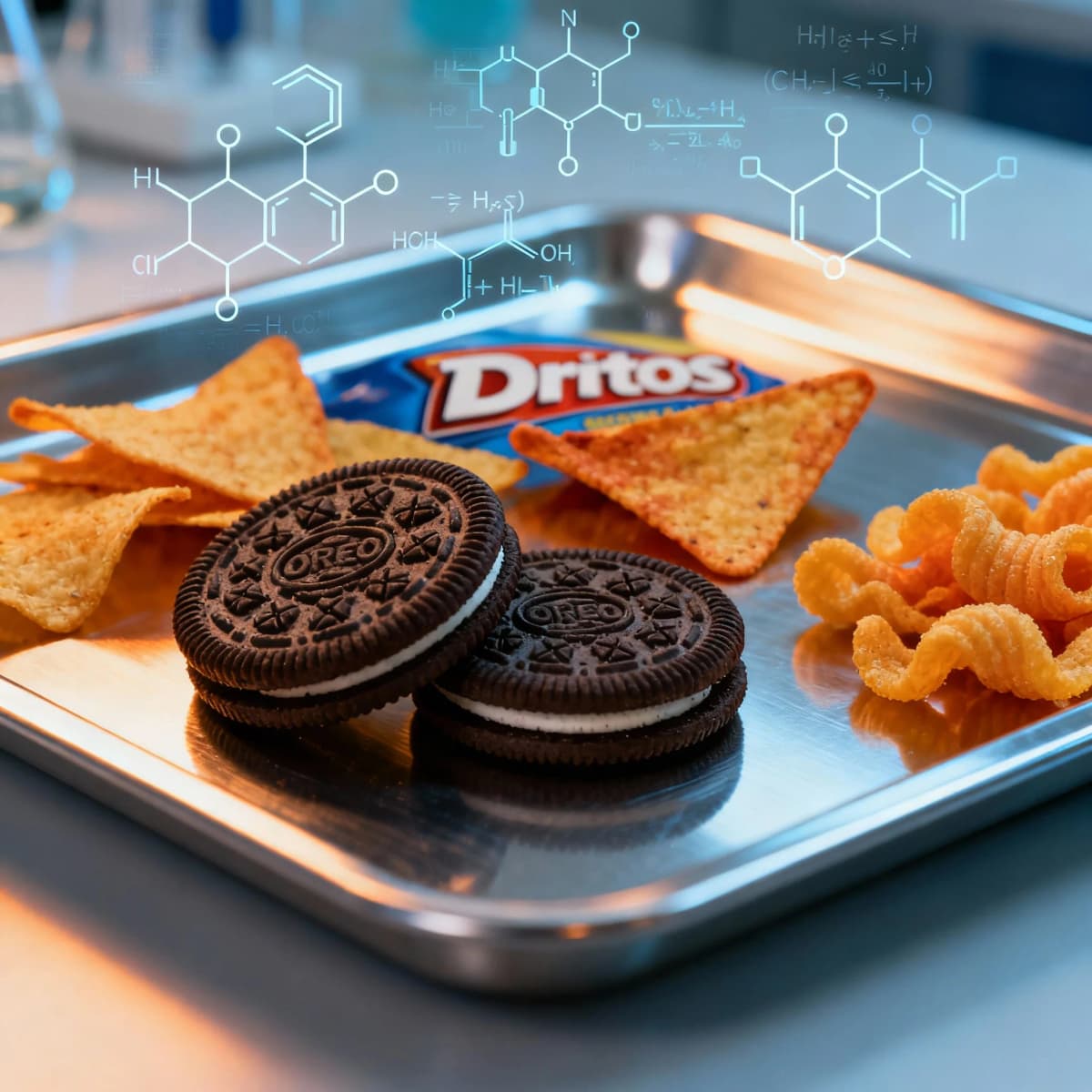 Snacks industrializados ao lado de fórmulas químicas, sugerindo a engenharia de sabor por trás deles