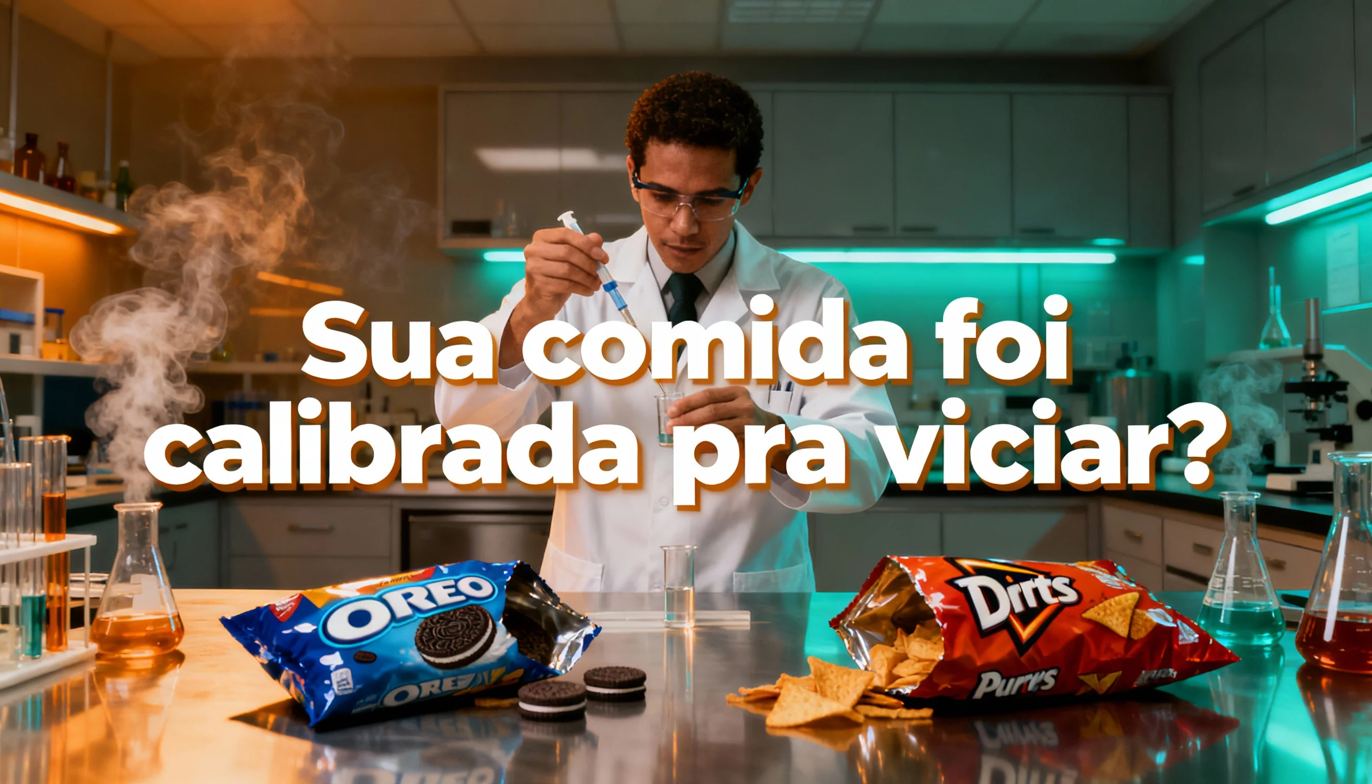 Cientista ajustando uma pipeta em bancada cercada de snacks ultraprocessados