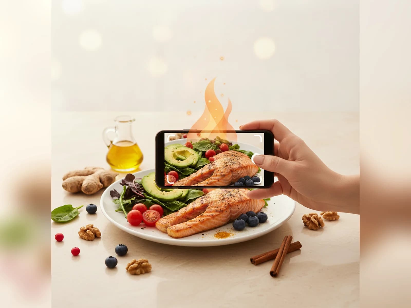 Mão segurando um celular fotografando um prato saudável de salmão, abacate e folhas verdes, com uma chama laranja simbolizando o metabolismo acelerado e ingredientes anti-inflamatórios ao redor.