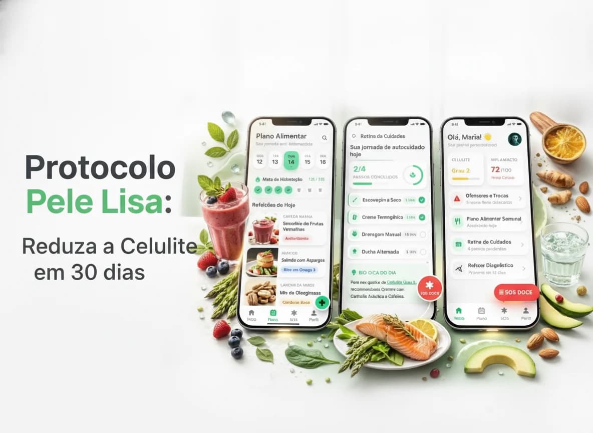 Capa do Protocolo Pele Lisa: app de protocolo anti-inflamatório personalizado para redução de celulite, com frase "Reduza a Celulite em 30 dias".
